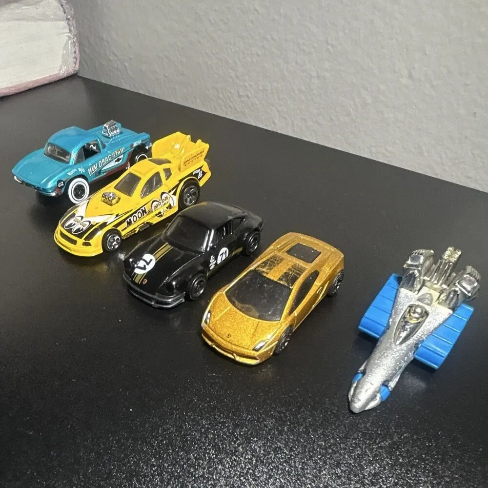 5-Piece Diecast Toy Car Lot - Blue Yellow Black Gold Silver Vehicles